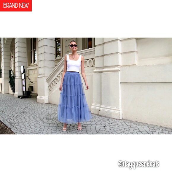 Tulle Maxi Skirt High Waist Elastic Fairy Tiered A-Line Long Skirt - Picture 8 of 8